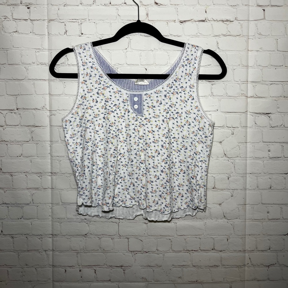 ✨Vintage French Dressing‎ White Floral Tank Top Gingham Trim Cropped Y2K 90's S